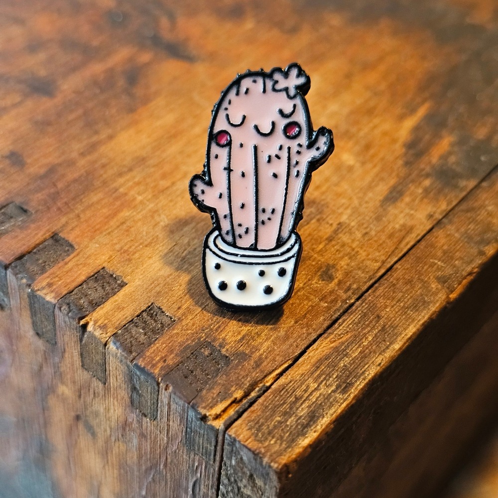Pink Cactus Enamel Pin Unisex OS Succulent Smiling Potted Plant Pin